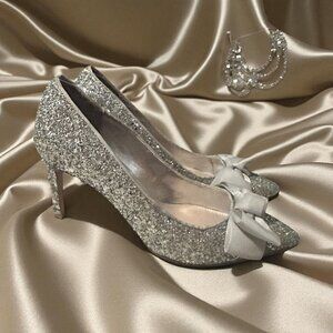 DUNE London Silver Glitter Bow Heels Size 38 / US 8